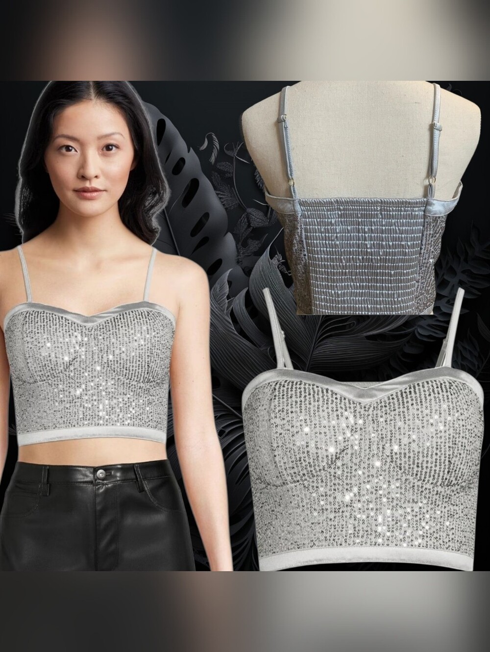 Steve Madden Silver Sequined Cropped Cami Top